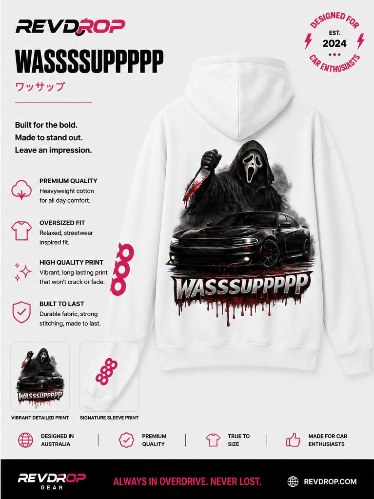 RevDrop “Wasssuppppp” Horror Car Graphic Hoodie Scream-Inspired Streetwear Pullover