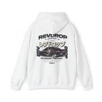 RevDrop Garage Hoodie — Japanese Street Racing Car Graphic Hooded Sweatshirt