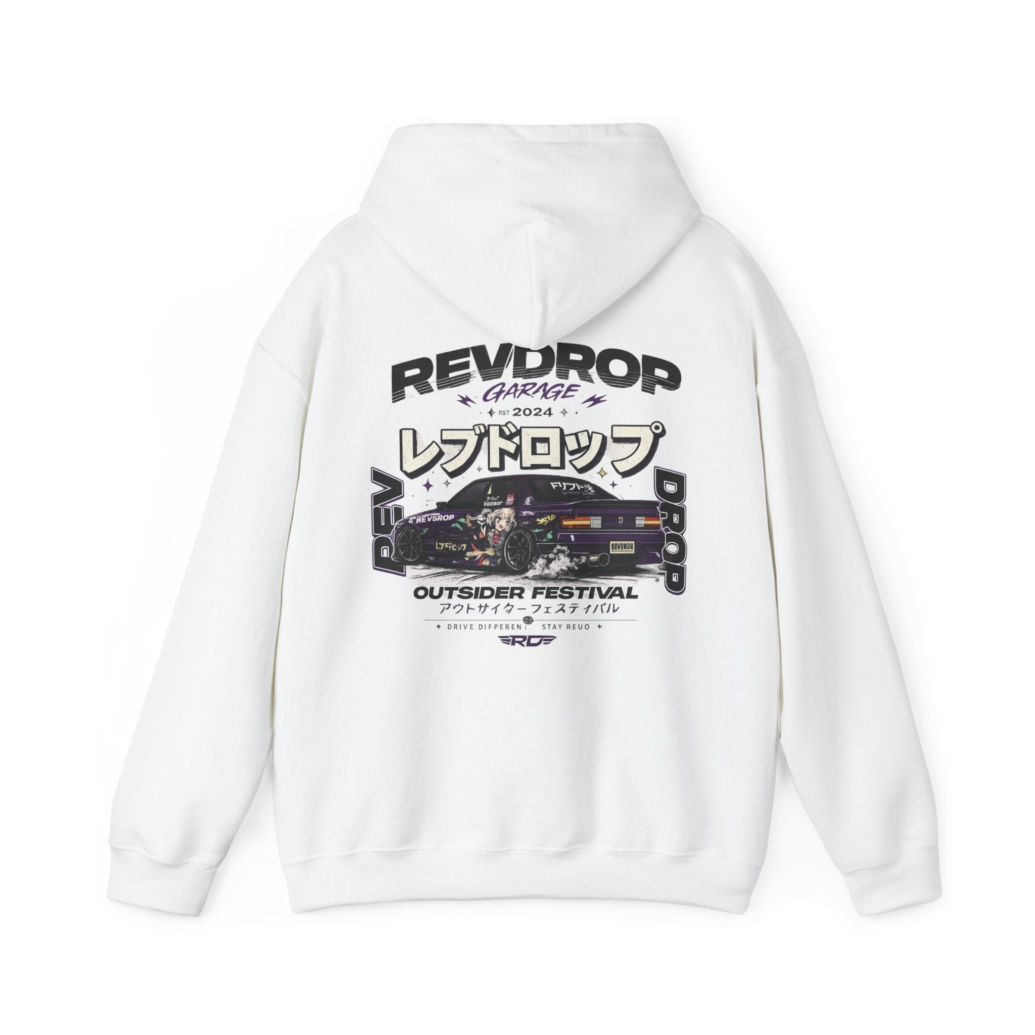 RevDrop Garage Hoodie — Japanese Street Racing Car Graphic Hooded Sweatshirt