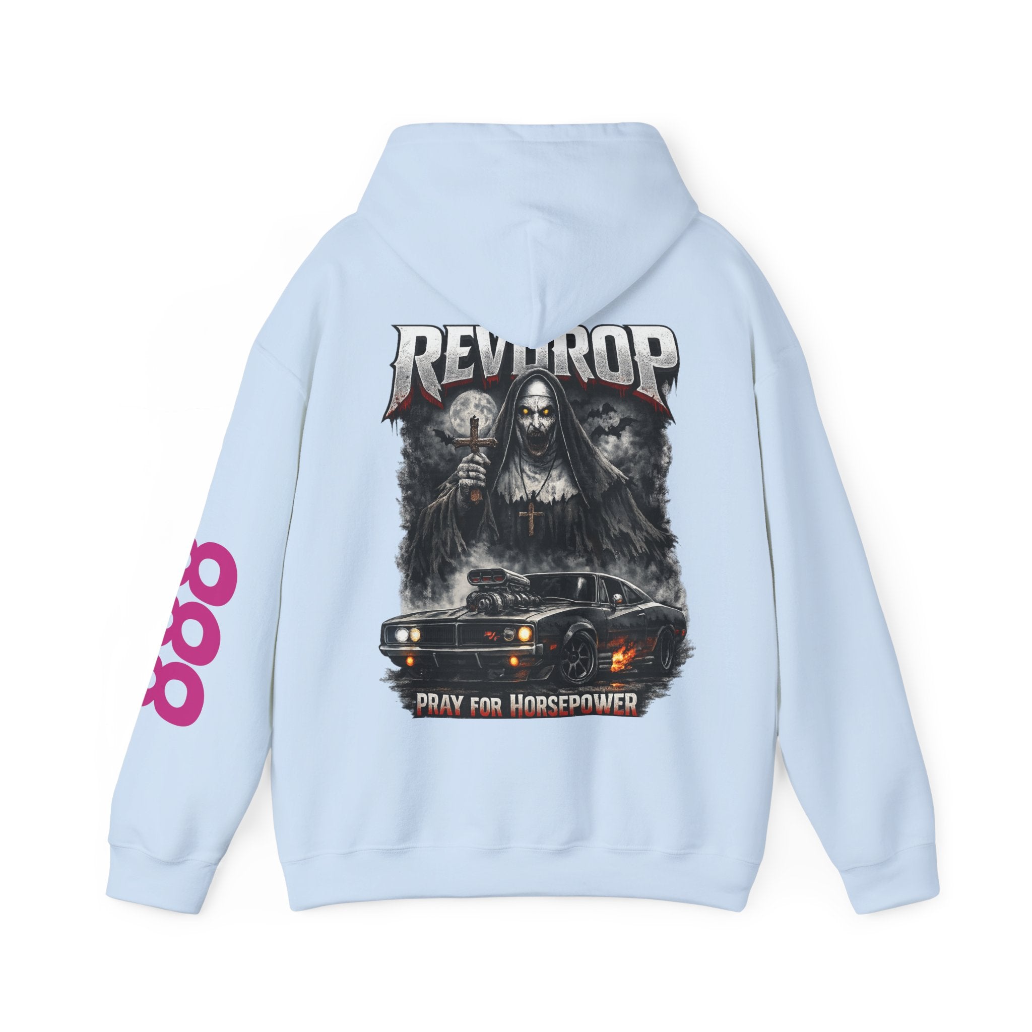 RevDrop “Pray For Horsepower” Graphic Hoodie – Horror Streetwear Pullover