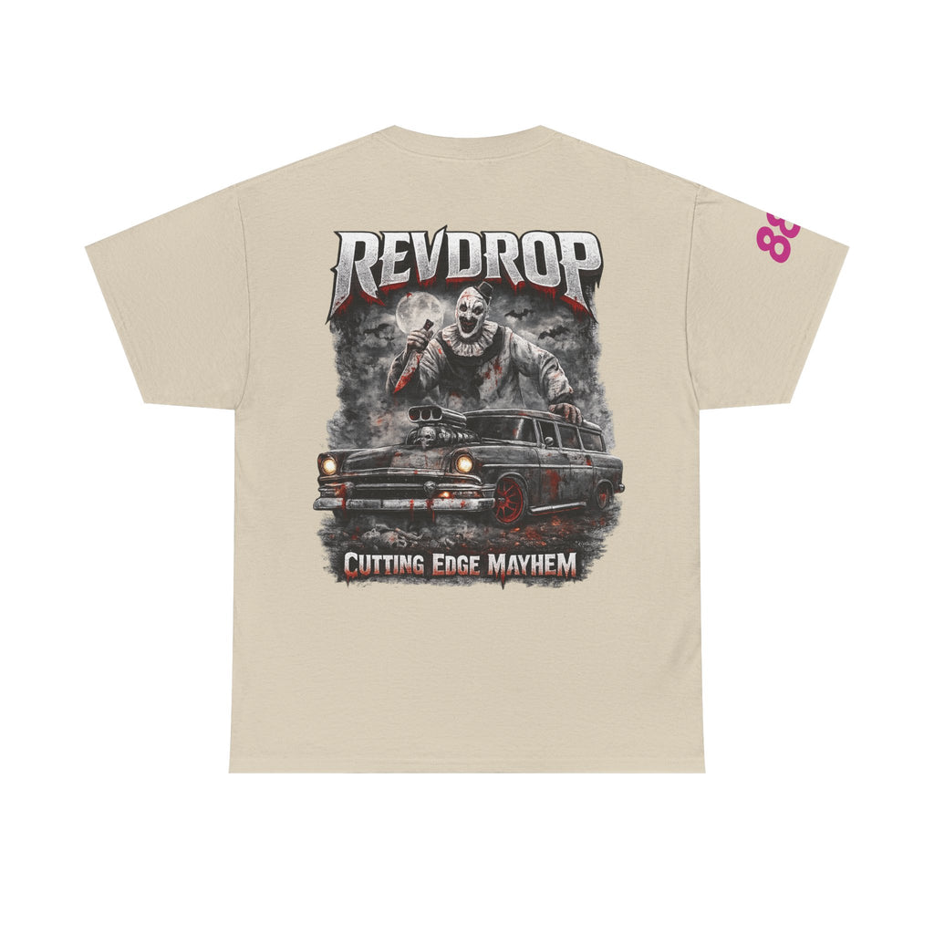 RevDrop “Cutting Edge Mayhem” Graphic Tee – Horror Clown & Muscle Car Streetwear T-Shirt