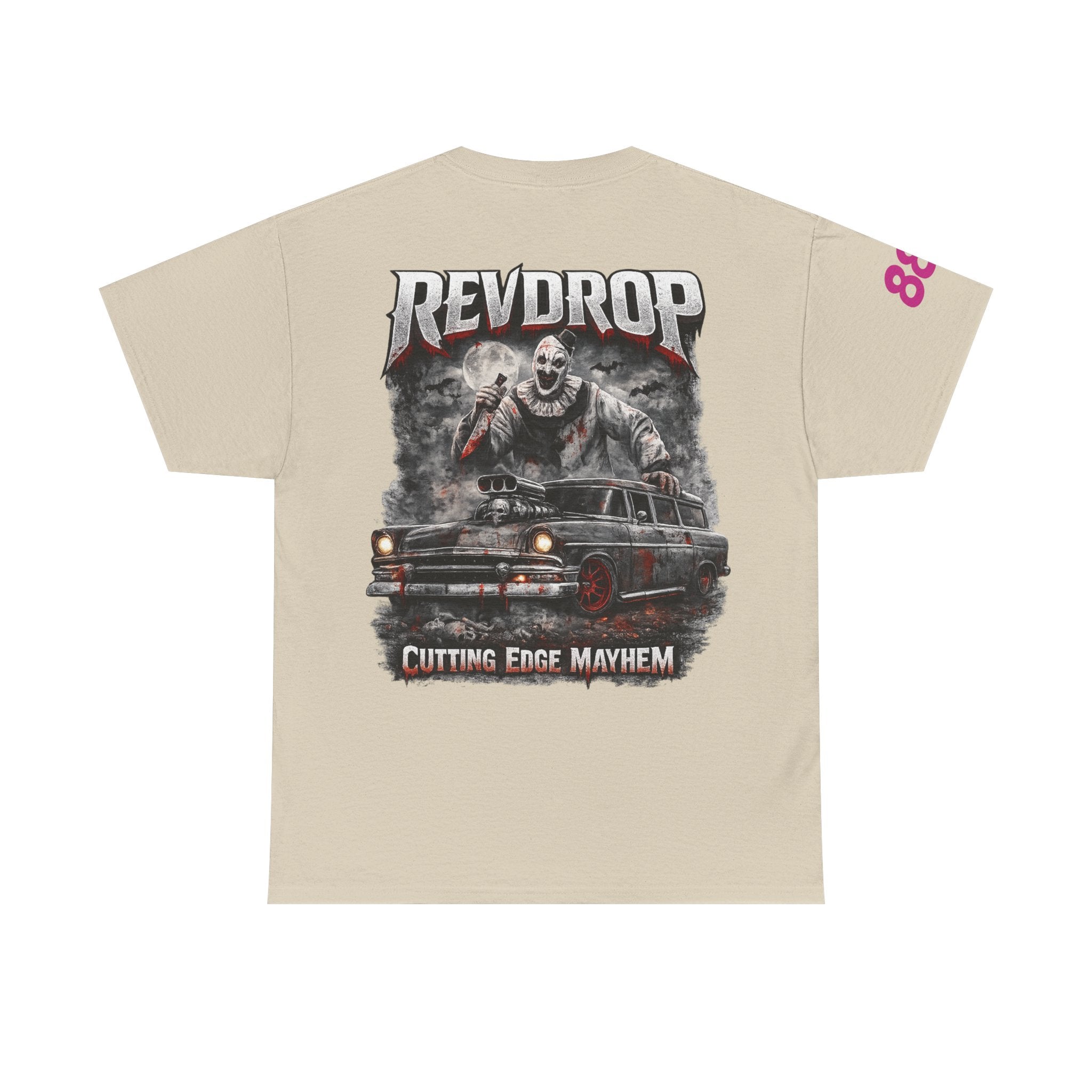 RevDrop “Cutting Edge Mayhem” Graphic Tee – Horror Clown & Muscle Car Streetwear T-Shirt