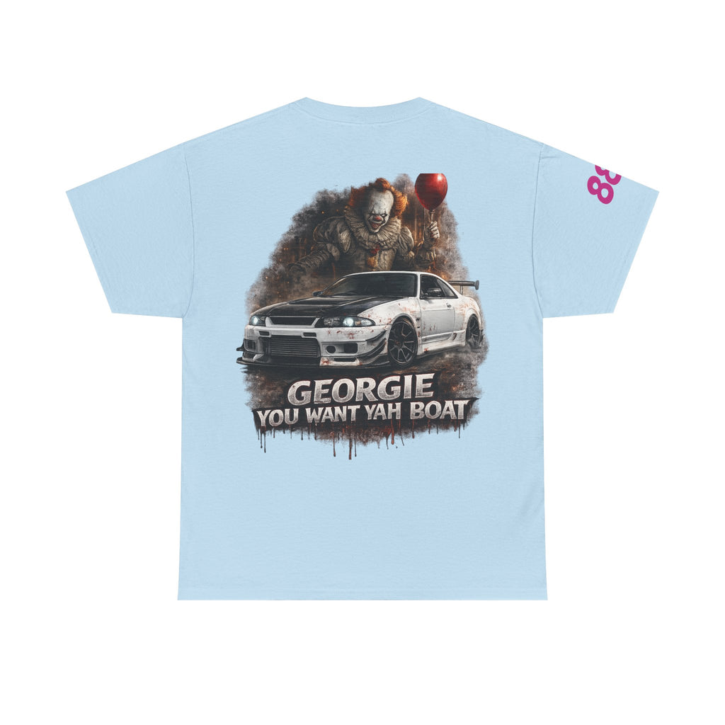 IT-Inspired Graphic Tee — "Georgie You Want Yah Boat" Horror Car Shirt