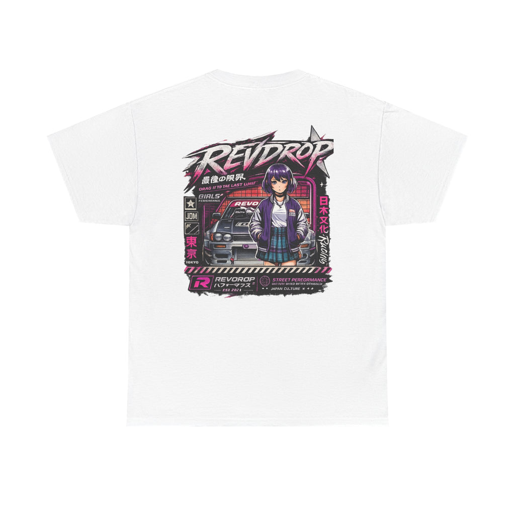 Retro Anime Racing Tee — "REVDROP" Cyberpunk Girl Graphic Shirt
