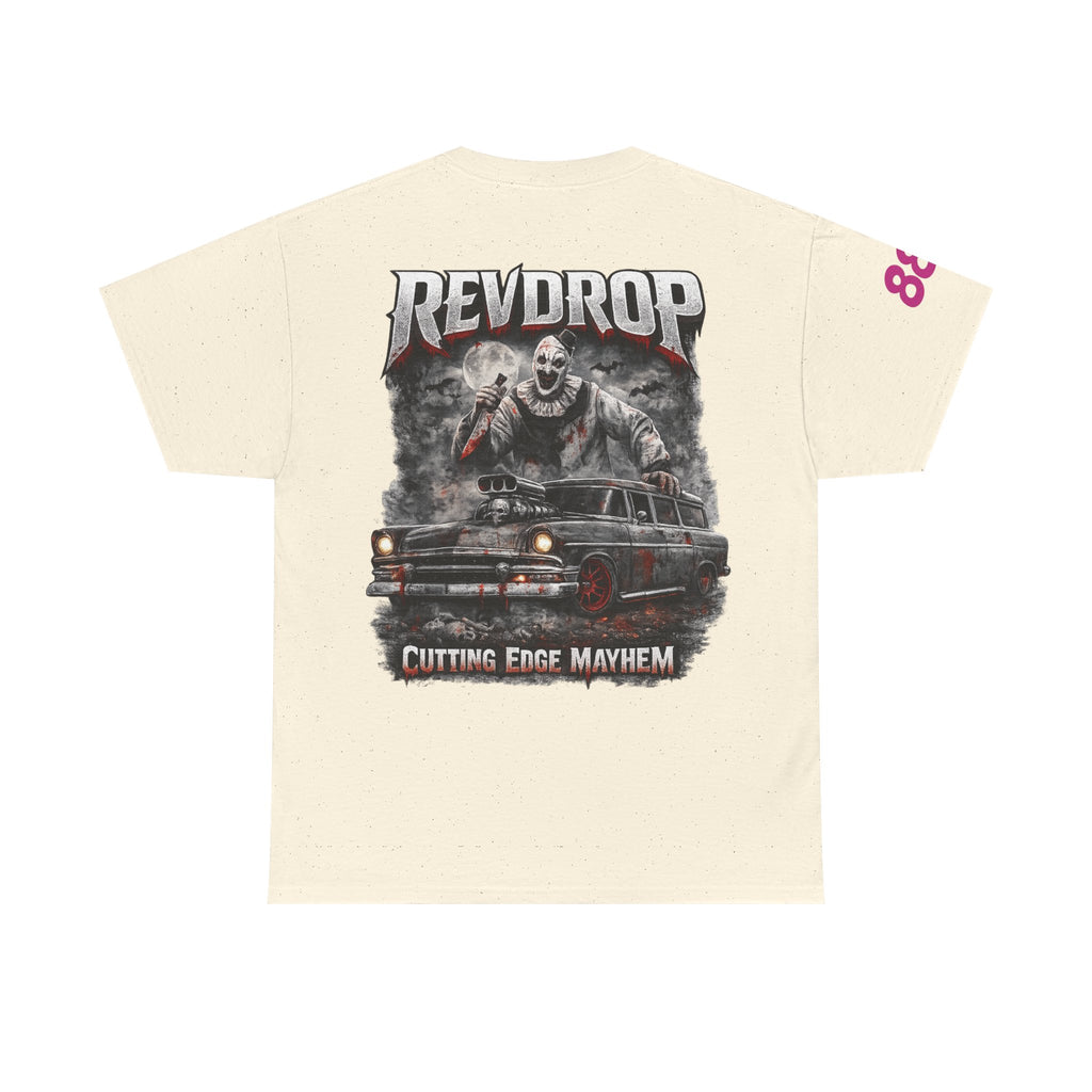 RevDrop “Cutting Edge Mayhem” Graphic Tee – Horror Clown & Muscle Car Streetwear T-Shirt
