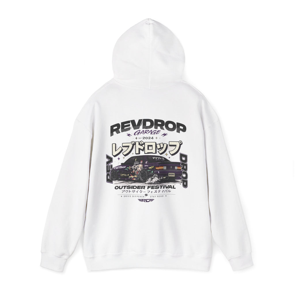 RevDrop Garage Hoodie — Japanese Street Racing Car Graphic Hooded Sweatshirt