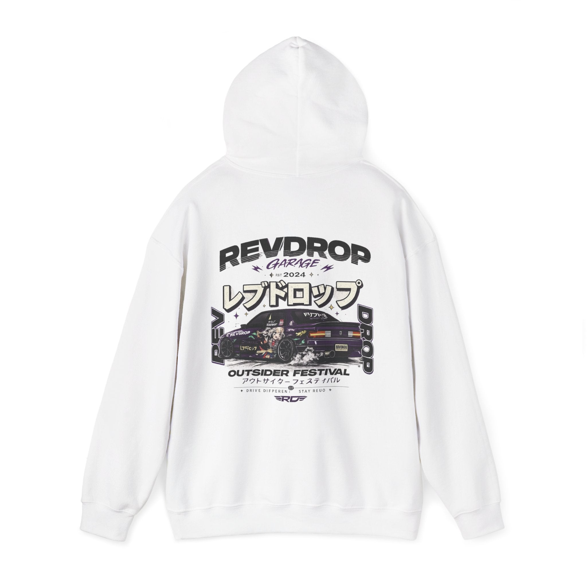 RevDrop Garage Hoodie — Japanese Street Racing Car Graphic Hooded Sweatshirt