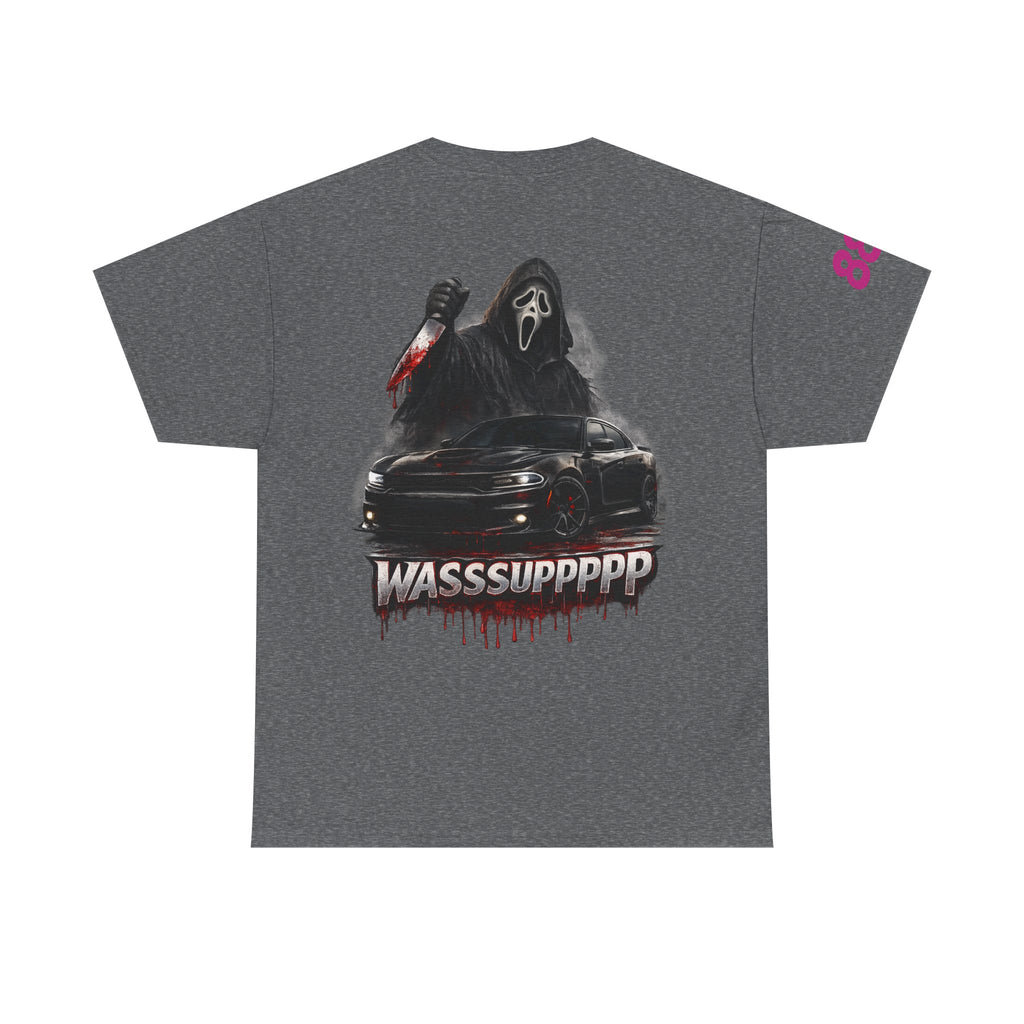 Graphic Tee — 'Wasssuppppp' Scream Mask Horror Car Design