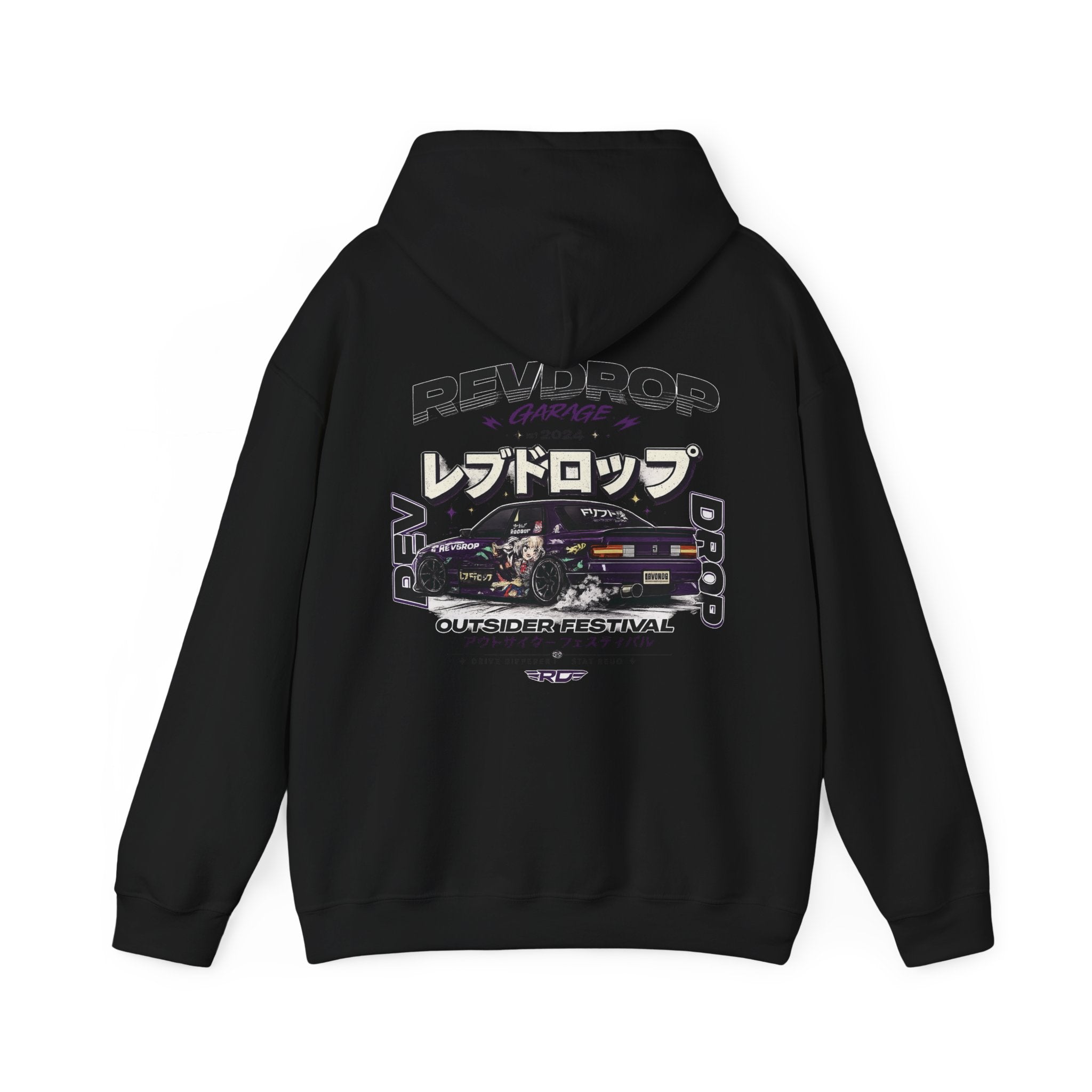 RevDrop Garage Hoodie — Japanese Street Racing Car Graphic Hooded Sweatshirt
