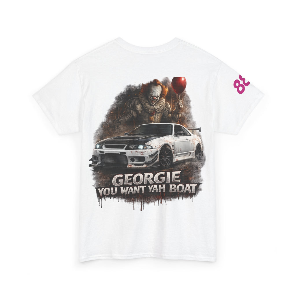 IT-Inspired Graphic Tee — "Georgie You Want Yah Boat" Horror Car Shirt