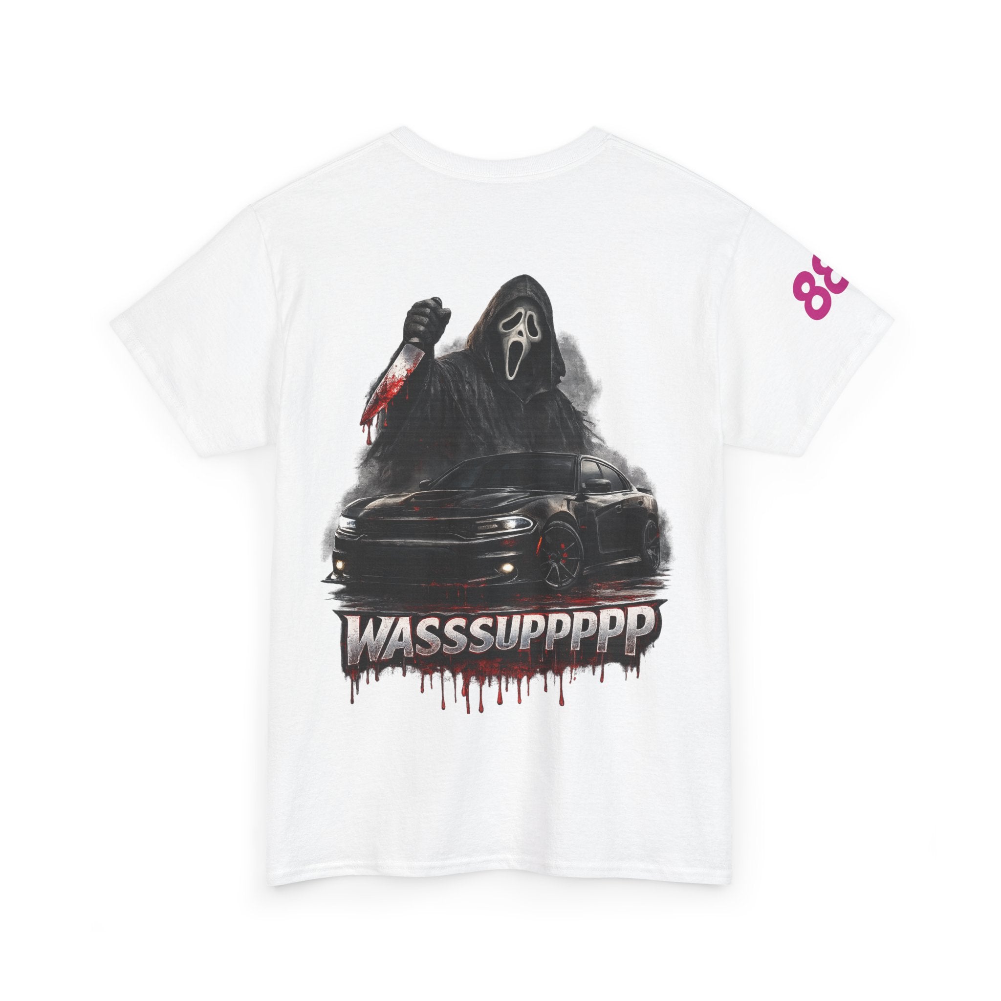 Graphic Tee — 'Wasssuppppp' Scream Mask Horror Car Design