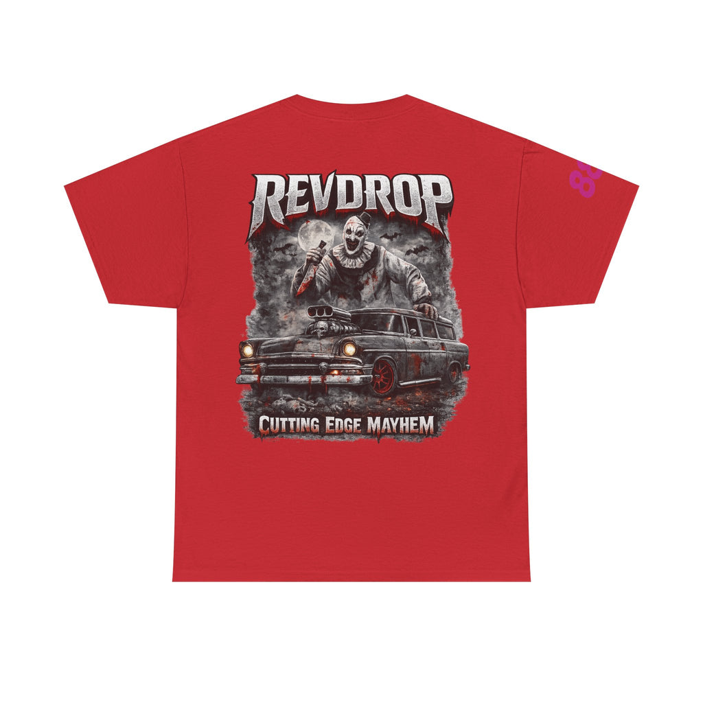 RevDrop “Cutting Edge Mayhem” Graphic Tee – Horror Clown & Muscle Car Streetwear T-Shirt