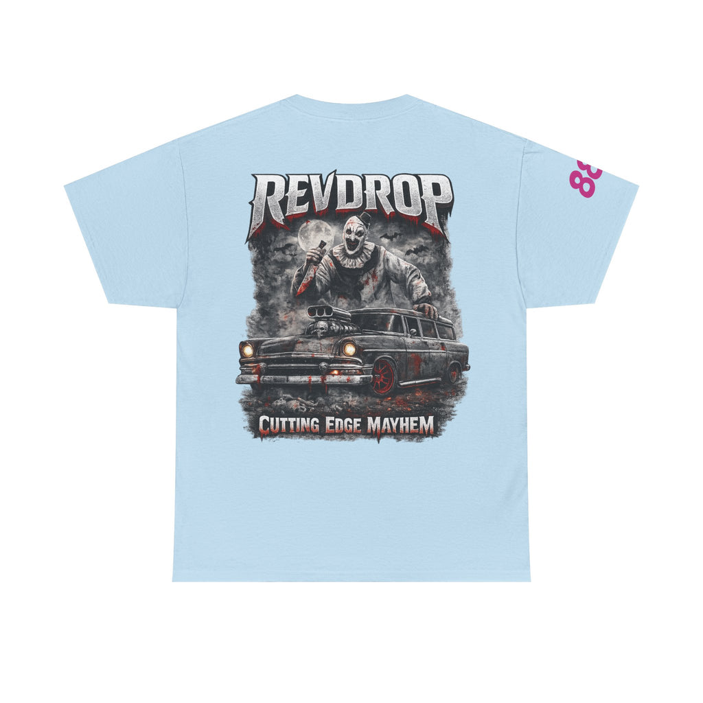 RevDrop “Cutting Edge Mayhem” Graphic Tee – Horror Clown & Muscle Car Streetwear T-Shirt