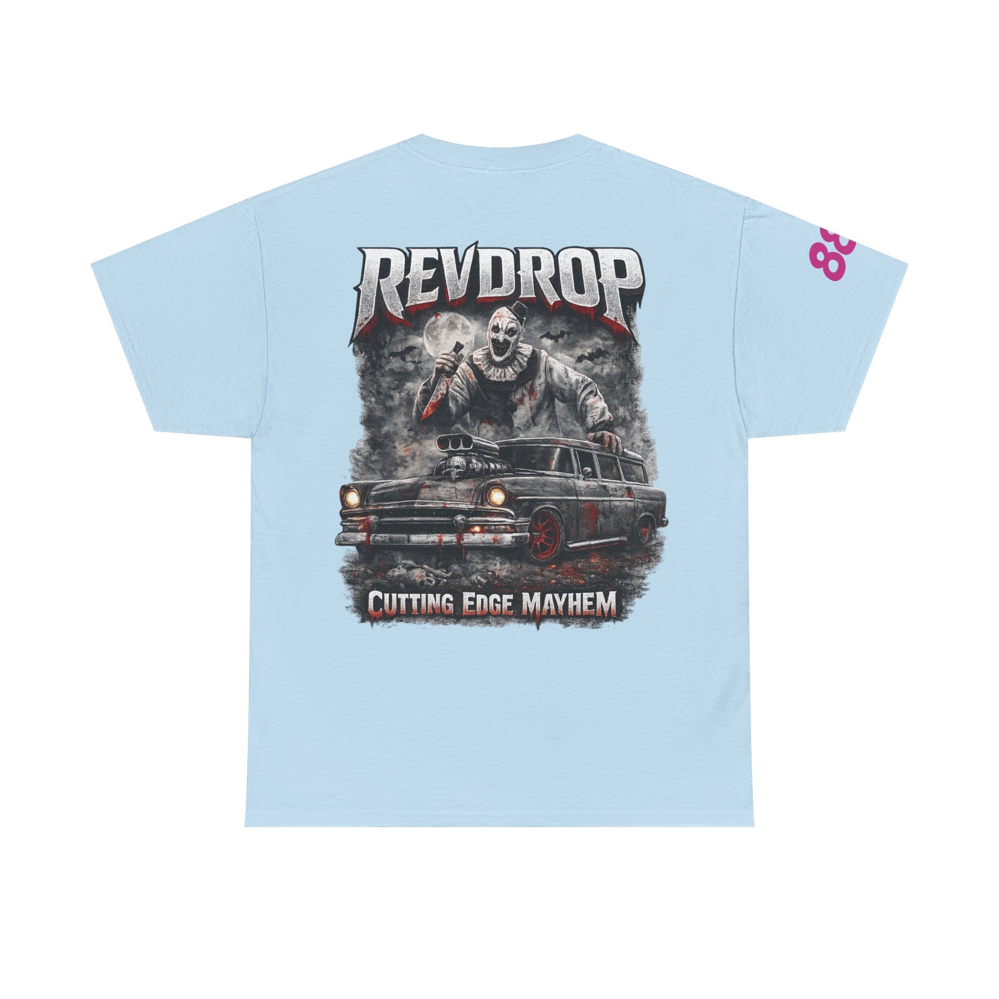 RevDrop “Cutting Edge Mayhem” Graphic Tee – Horror Clown & Muscle Car Streetwear T-Shirt