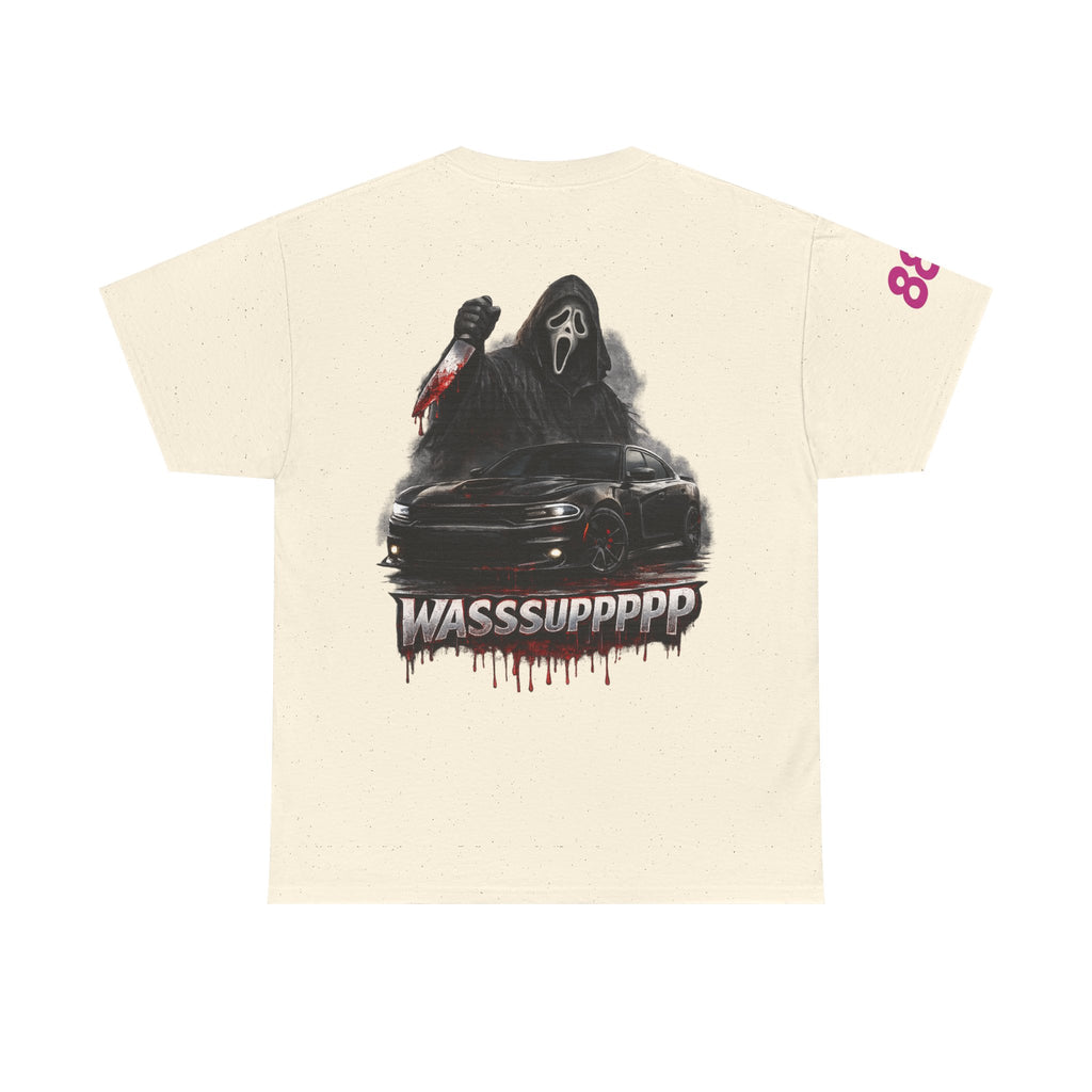 Graphic Tee — 'Wasssuppppp' Scream Mask Horror Car Design