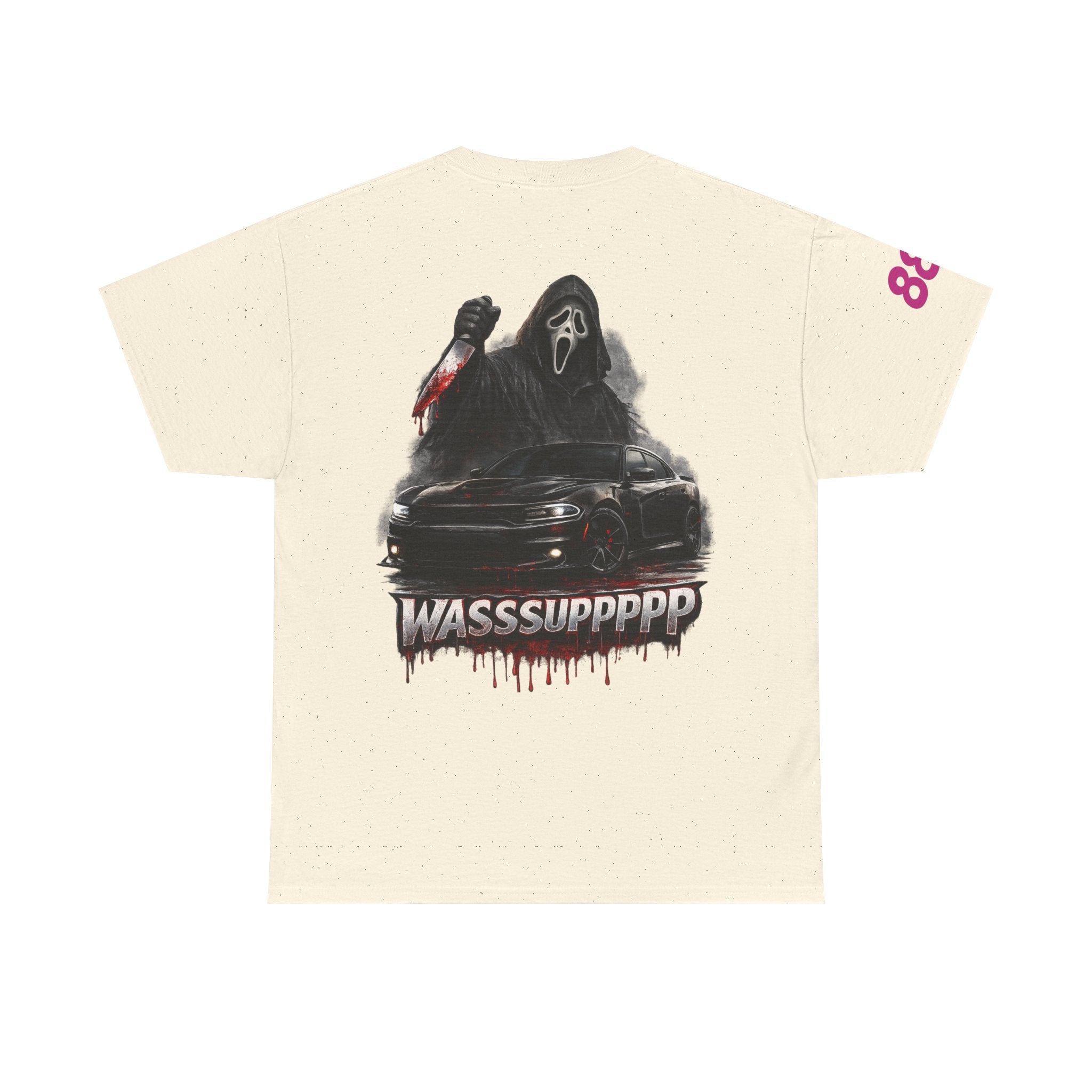 Graphic Tee — 'Wasssuppppp' Scream Mask Horror Car Design