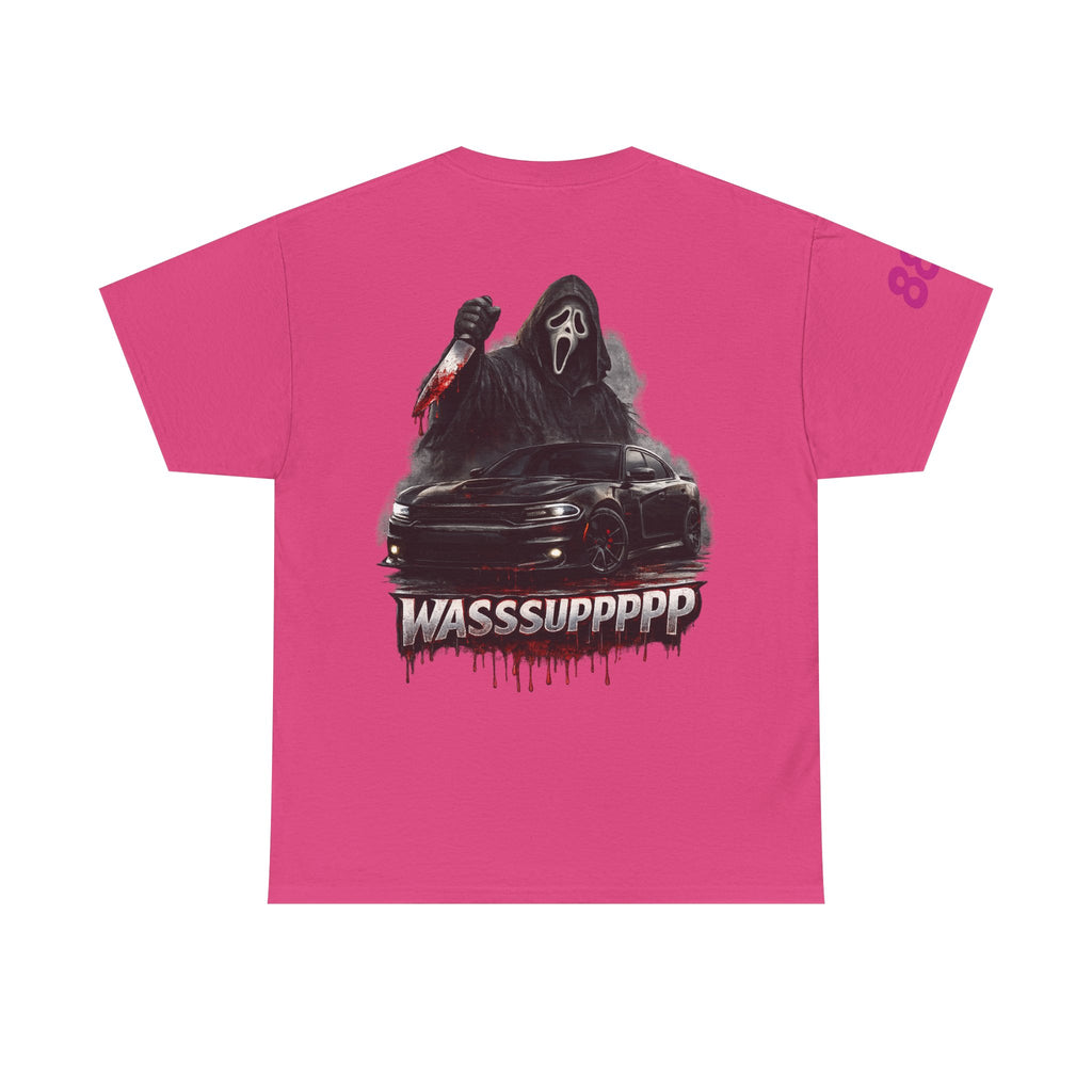 Graphic Tee — 'Wasssuppppp' Scream Mask Horror Car Design