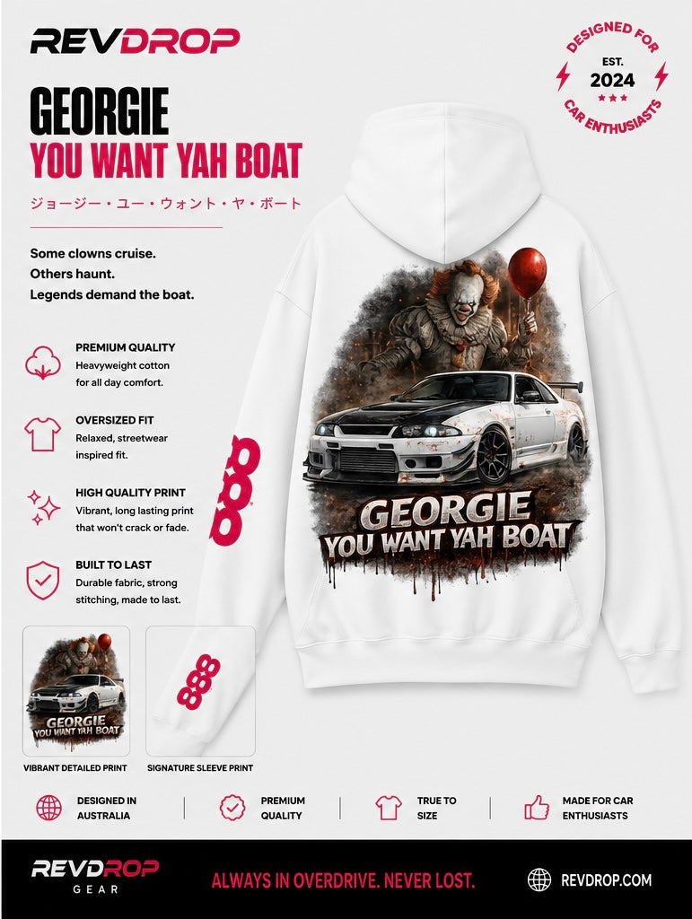 RevDrop “Georgie, You Want Yah Boat?” Graphic Hoodie  Horror Car Streetwear Pullover