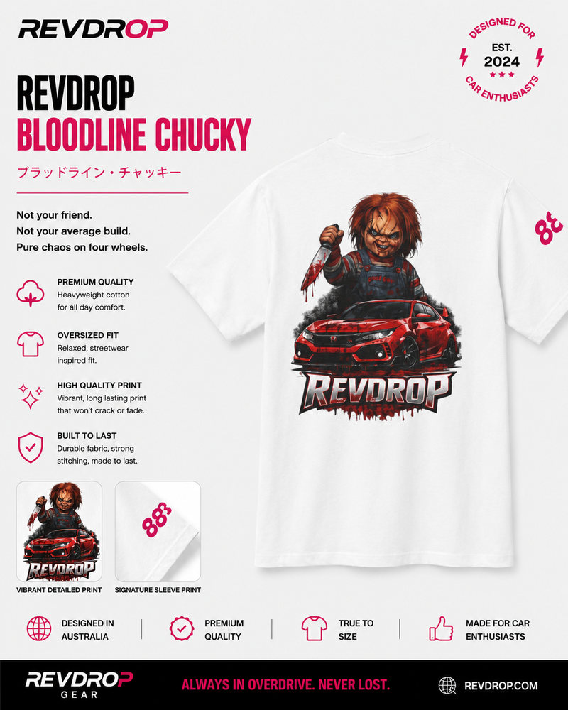 Chucky Racing Tee – 'RevDrop' Horror Car Graphic T-Shirt
