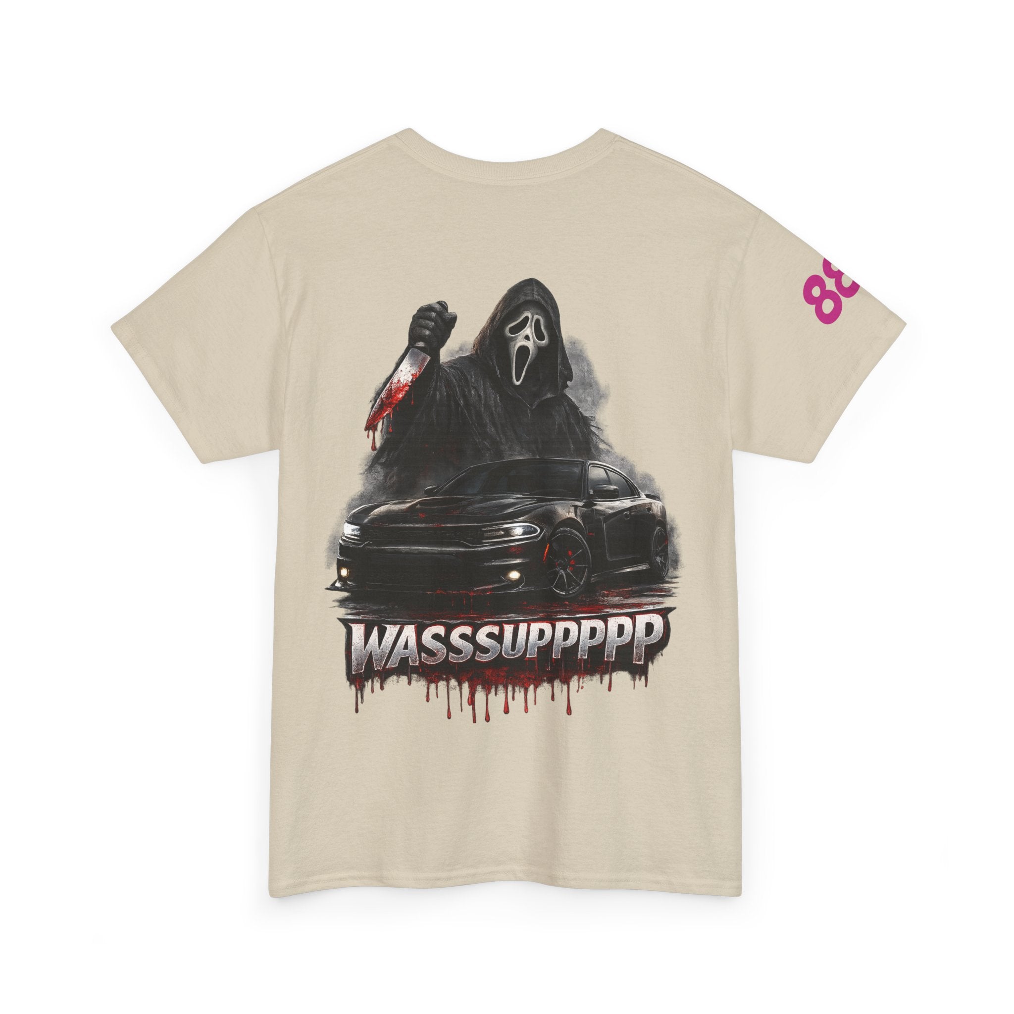 Graphic Tee — 'Wasssuppppp' Scream Mask Horror Car Design