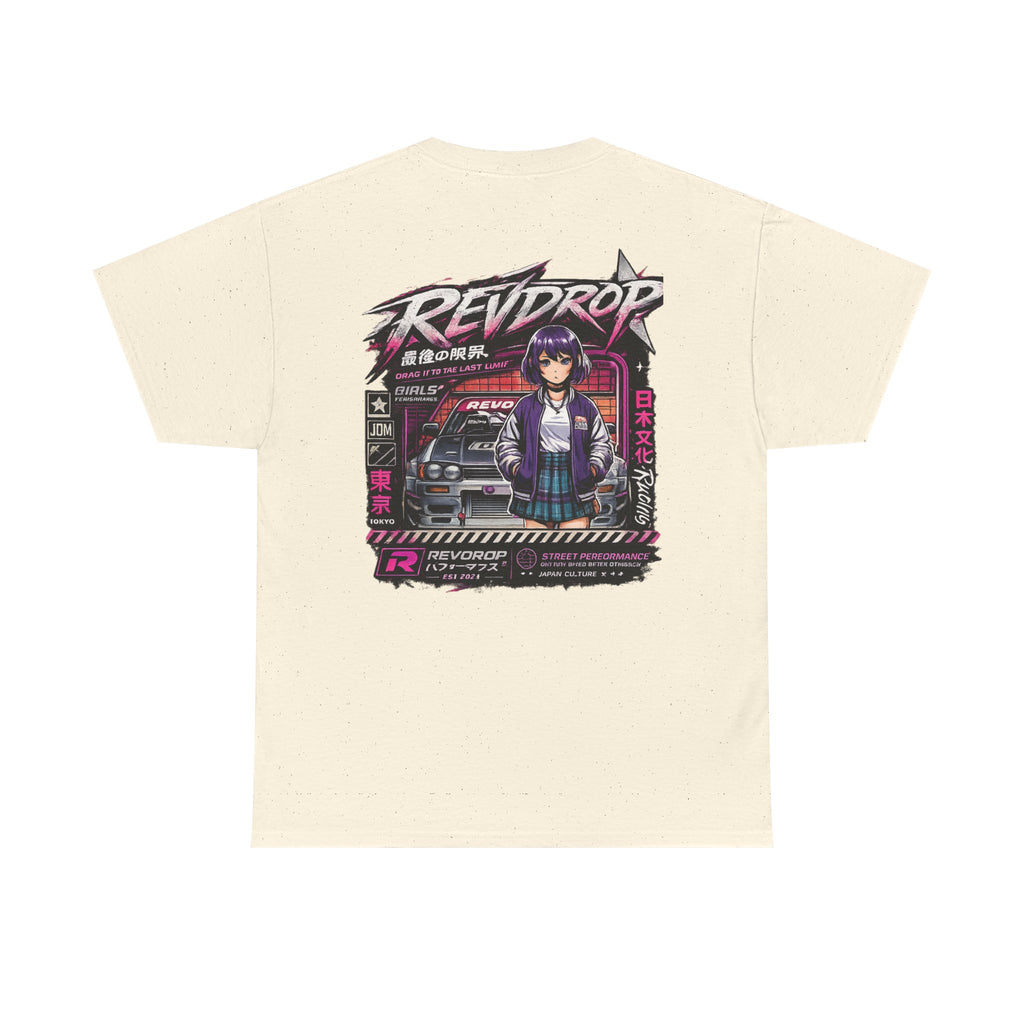 Retro Anime Racing Tee — "REVDROP" Cyberpunk Girl Graphic Shirt