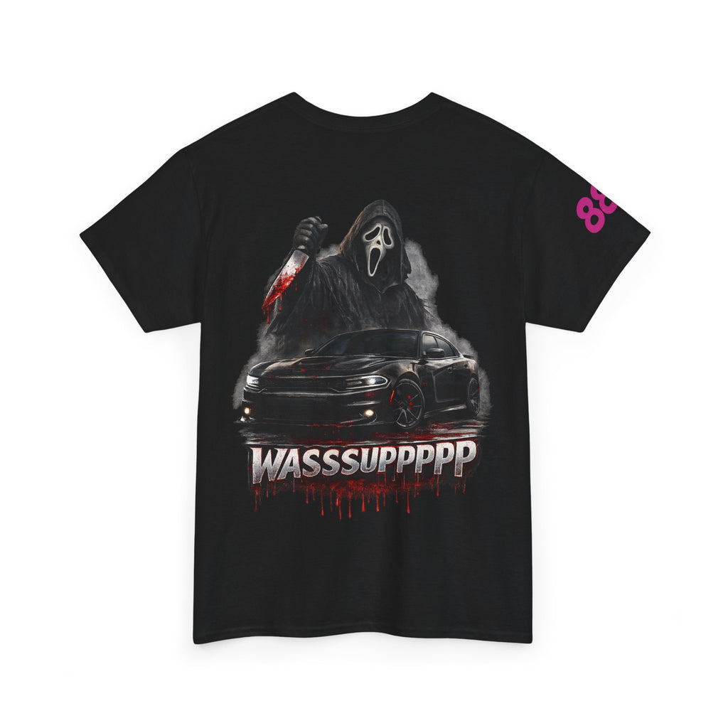 Graphic Tee — 'Wasssuppppp' Scream Mask Horror Car Design