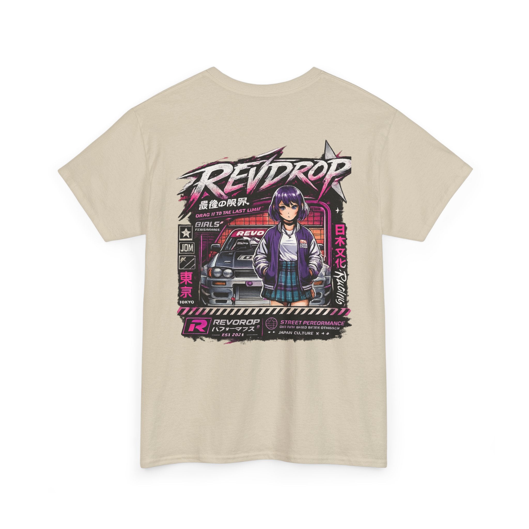 Retro Anime Racing Tee — "REVDROP" Cyberpunk Girl Graphic Shirt