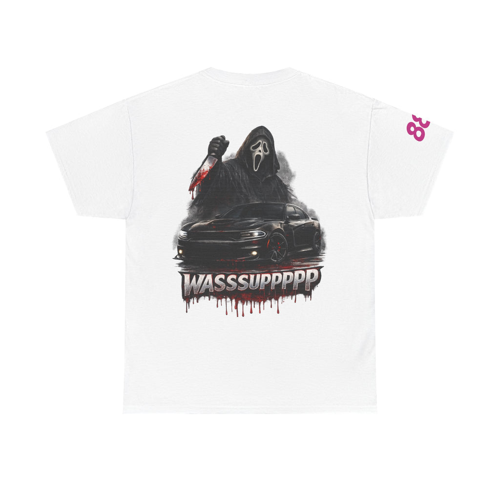 Graphic Tee — 'Wasssuppppp' Scream Mask Horror Car Design