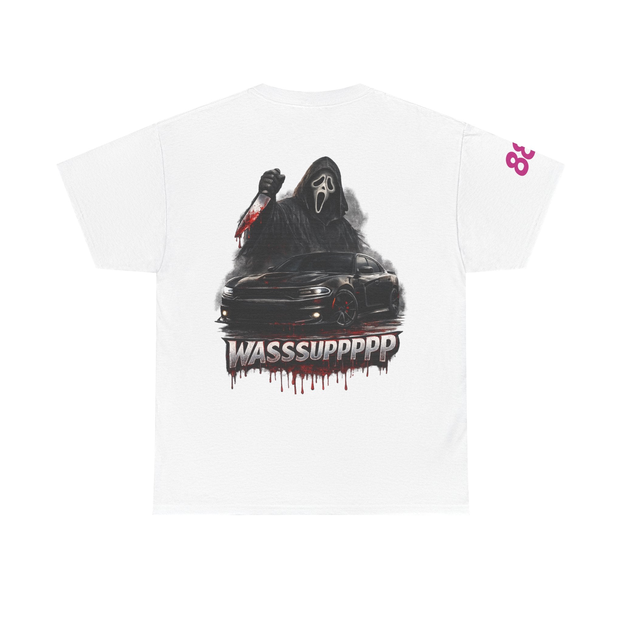 Graphic Tee — 'Wasssuppppp' Scream Mask Horror Car Design