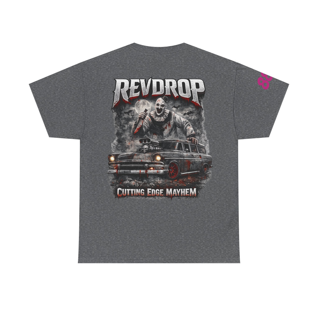 RevDrop “Cutting Edge Mayhem” Graphic Tee – Horror Clown & Muscle Car Streetwear T-Shirt