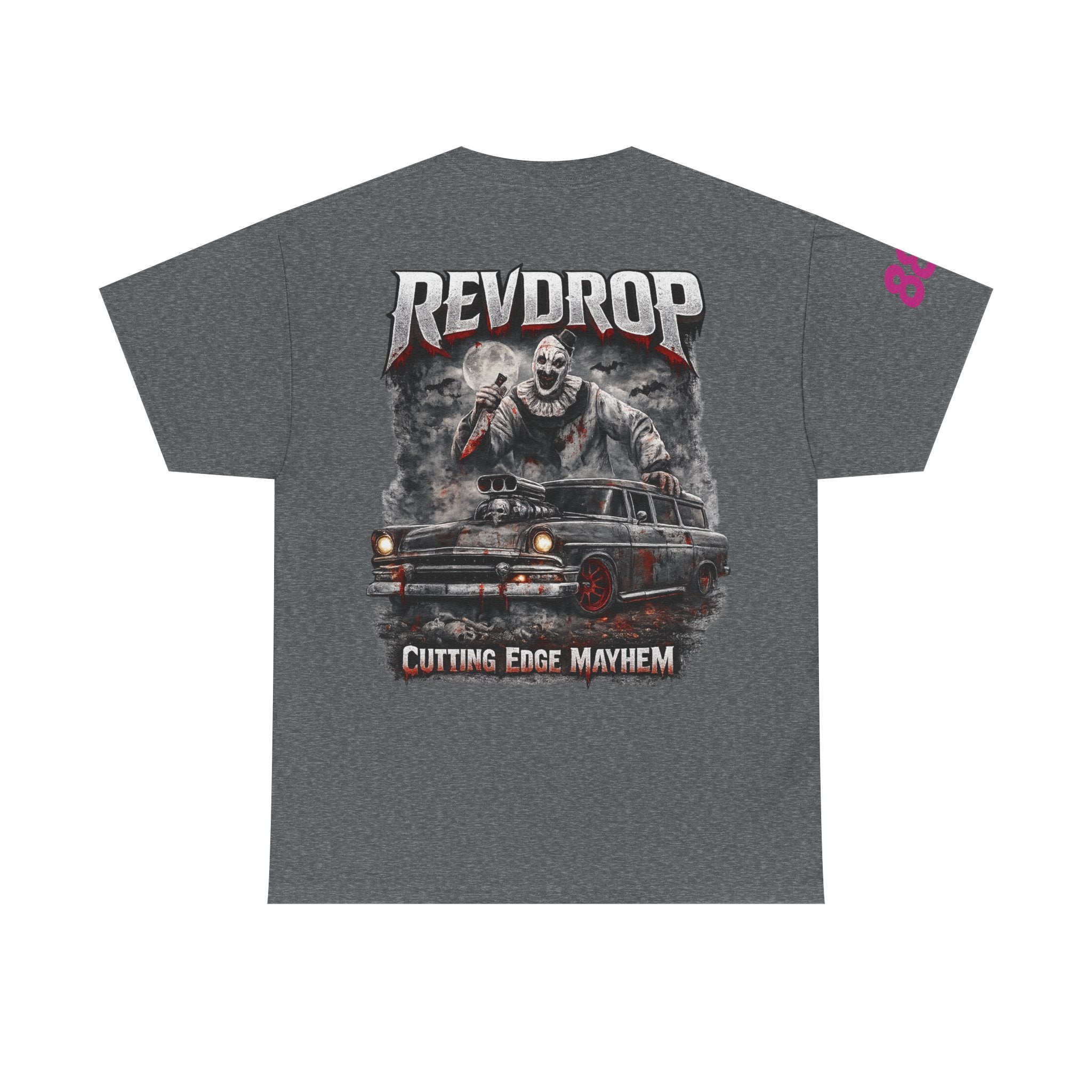 RevDrop “Cutting Edge Mayhem” Graphic Tee – Horror Clown & Muscle Car Streetwear T-Shirt