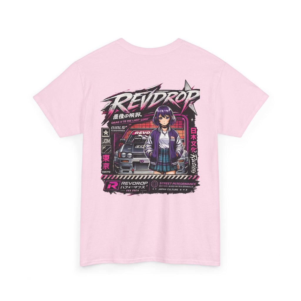 Retro Anime Racing Tee — "REVDROP" Cyberpunk Girl Graphic Shirt