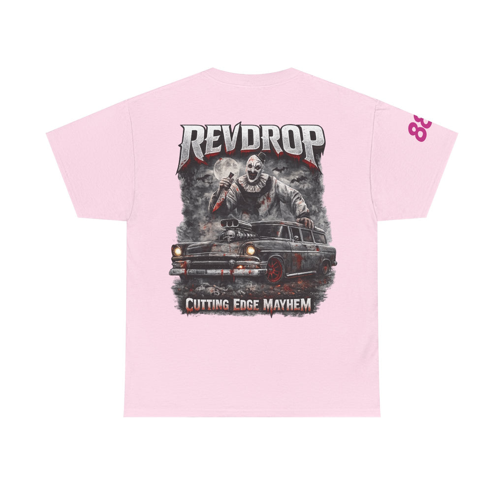 RevDrop “Cutting Edge Mayhem” Graphic Tee – Horror Clown & Muscle Car Streetwear T-Shirt