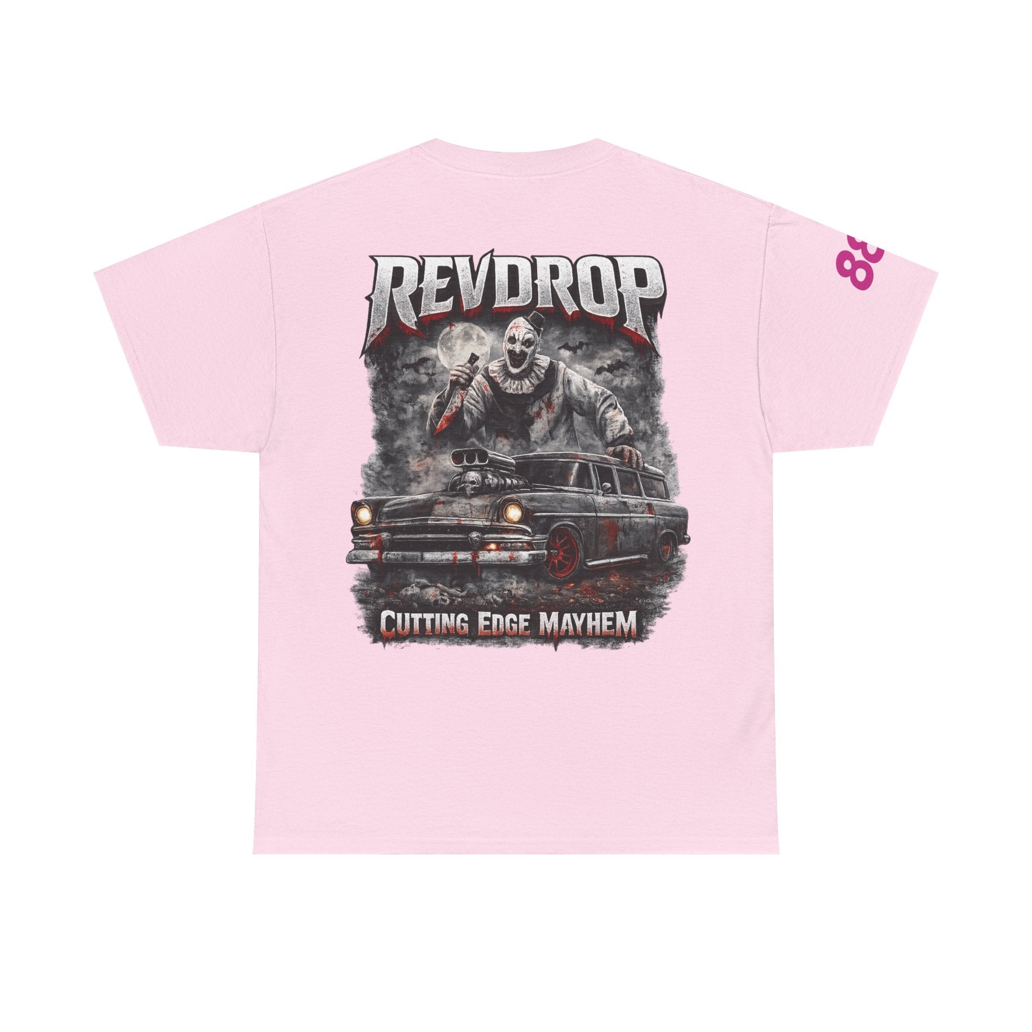 RevDrop “Cutting Edge Mayhem” Graphic Tee – Horror Clown & Muscle Car Streetwear T-Shirt