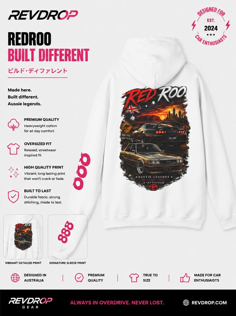 REVDROP Red Roo Retro Muscle Car Hoodie | Australian Classic Car Graphic Pullover