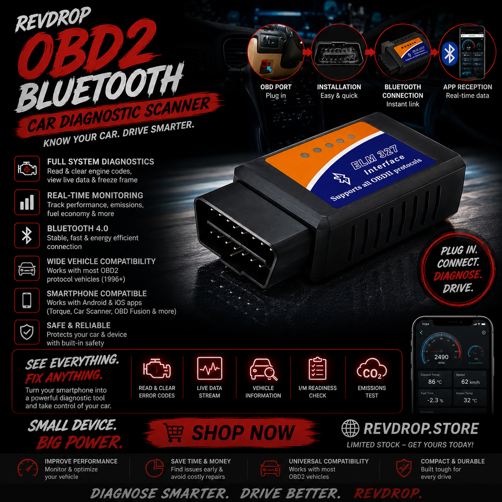 RevDrop™ Bluetooth OBD2 Car Diagnostic Scanner – Engine Code Reader & Real-Time Vehicle Scan Tool