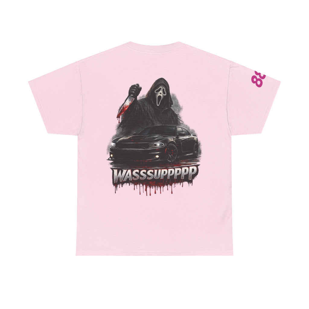 Graphic Tee — 'Wasssuppppp' Scream Mask Horror Car Design
