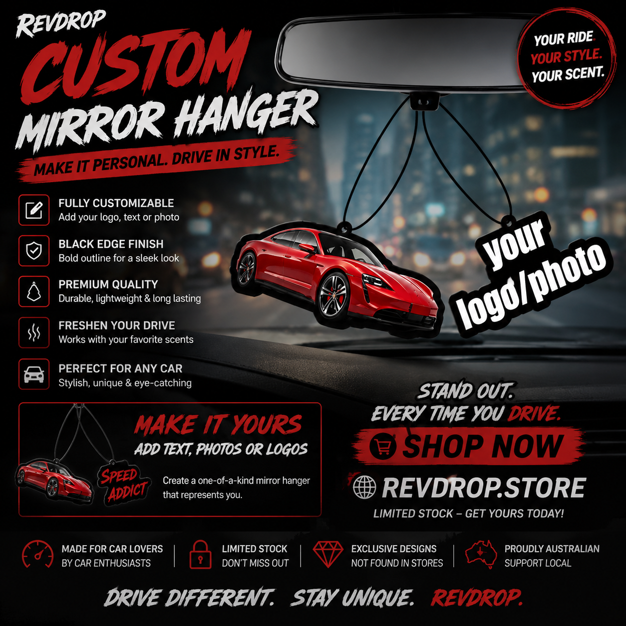 RevDrop™ Custom Photo Car Air Freshener – Personalised Scented Hanging Air Freshener with Your Photo or Logo