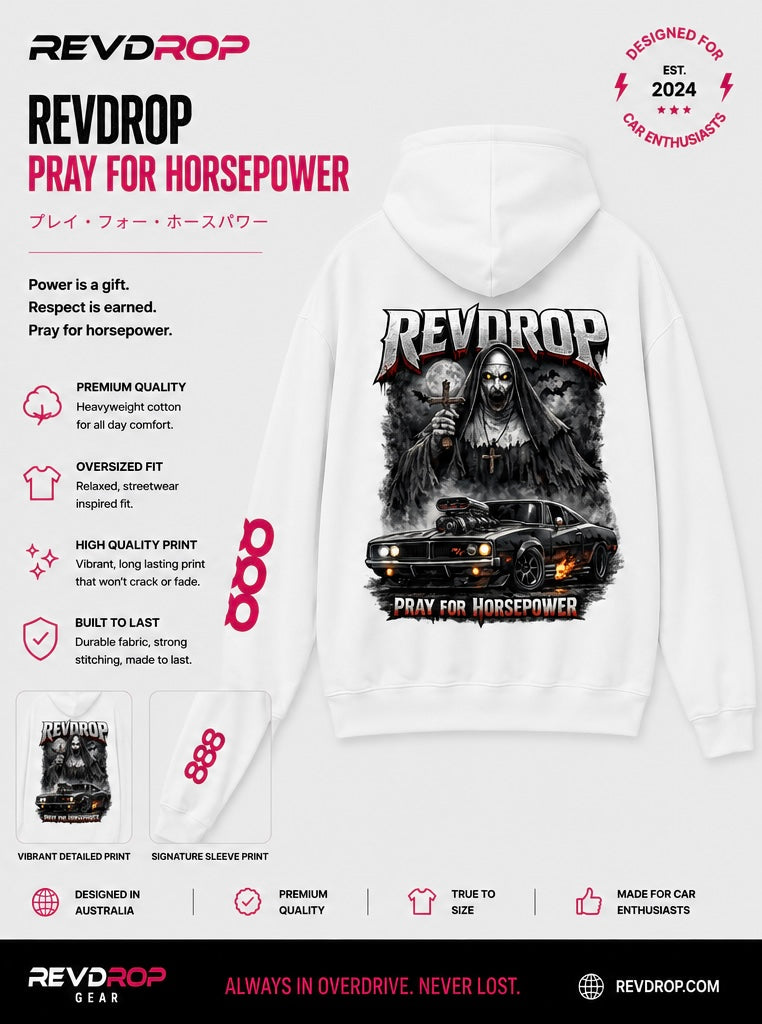 RevDrop “Pray For Horsepower” Graphic Hoodie Horror Streetwear Pullover