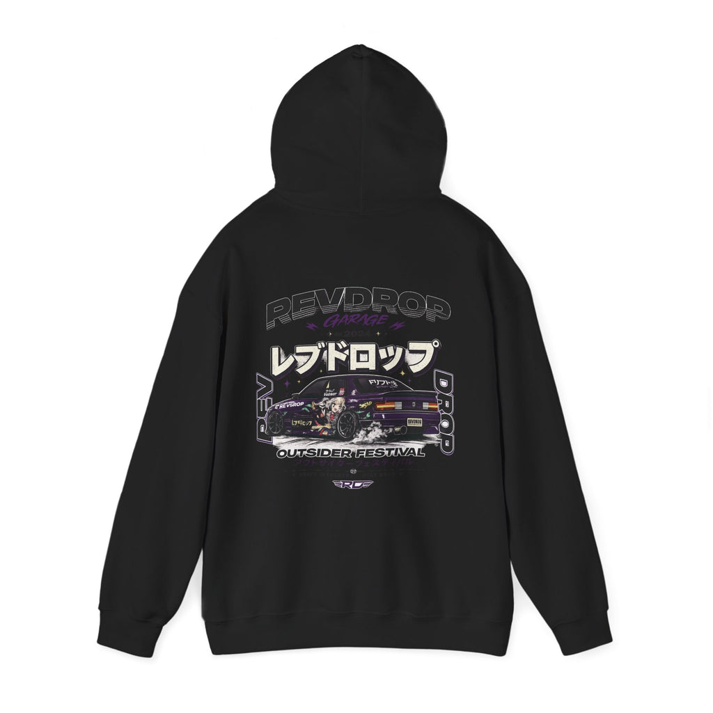 RevDrop Garage Hoodie — Japanese Street Racing Car Graphic Hooded Sweatshirt