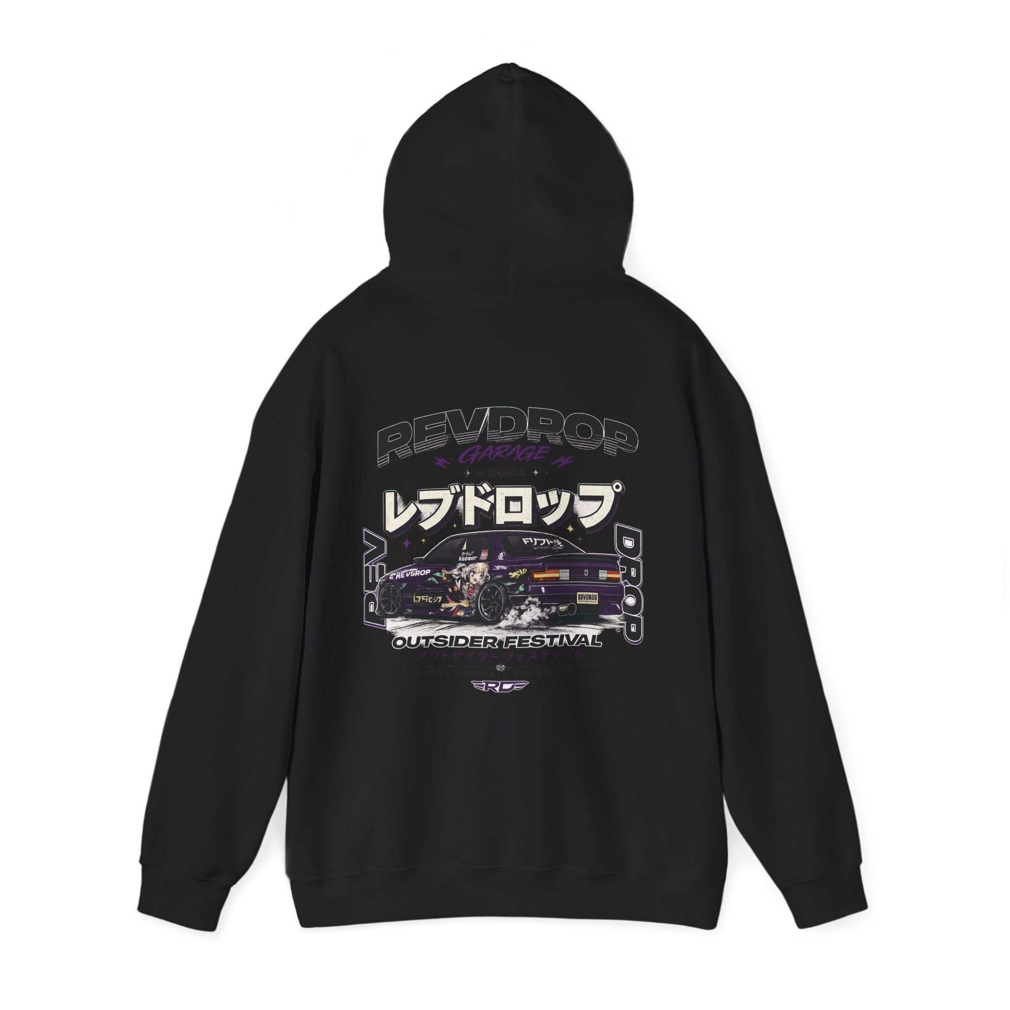 RevDrop Garage Hoodie — Japanese Street Racing Car Graphic Hooded Sweatshirt