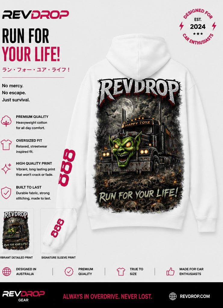 RevDrop “Run For Your Life” Graphic Hoodie – Goblin Truck Horror Streetwear Pullover
