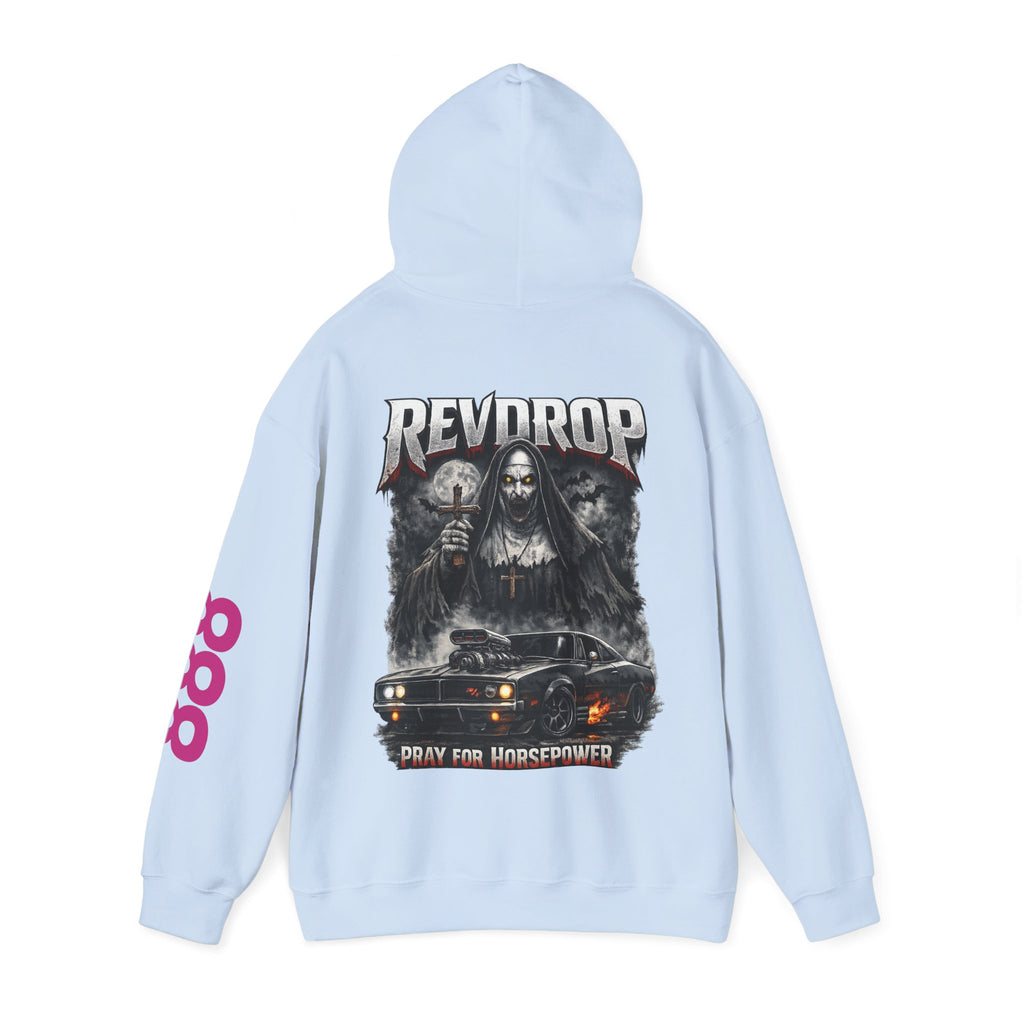 RevDrop “Pray For Horsepower” Graphic Hoodie – Horror Streetwear Pullover