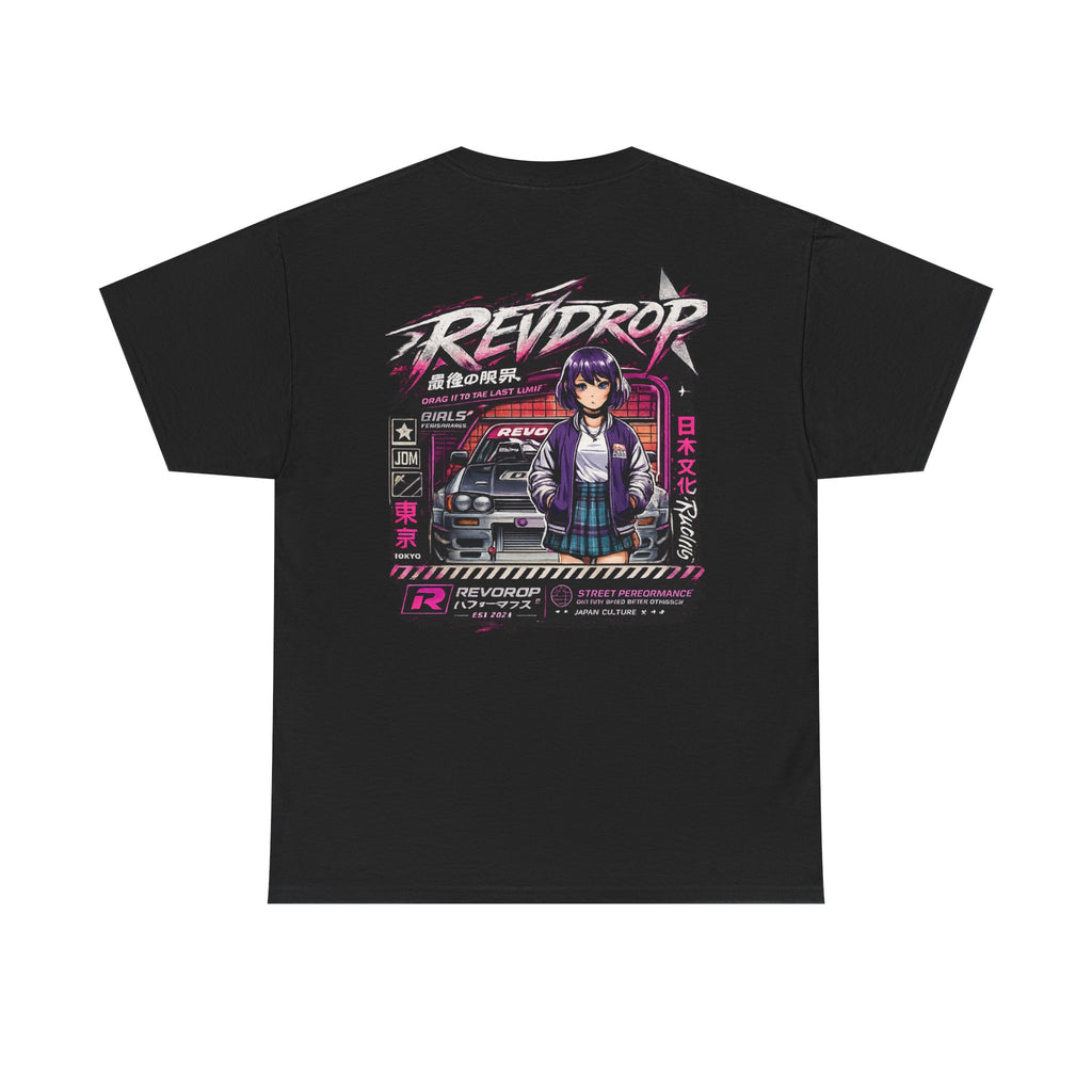 Retro Anime Racing Tee — "REVDROP" Cyberpunk Girl Graphic Shirt