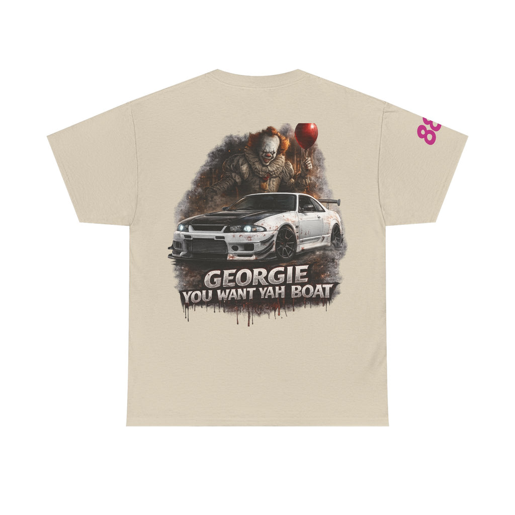 IT-Inspired Graphic Tee — "Georgie You Want Yah Boat" Horror Car Shirt