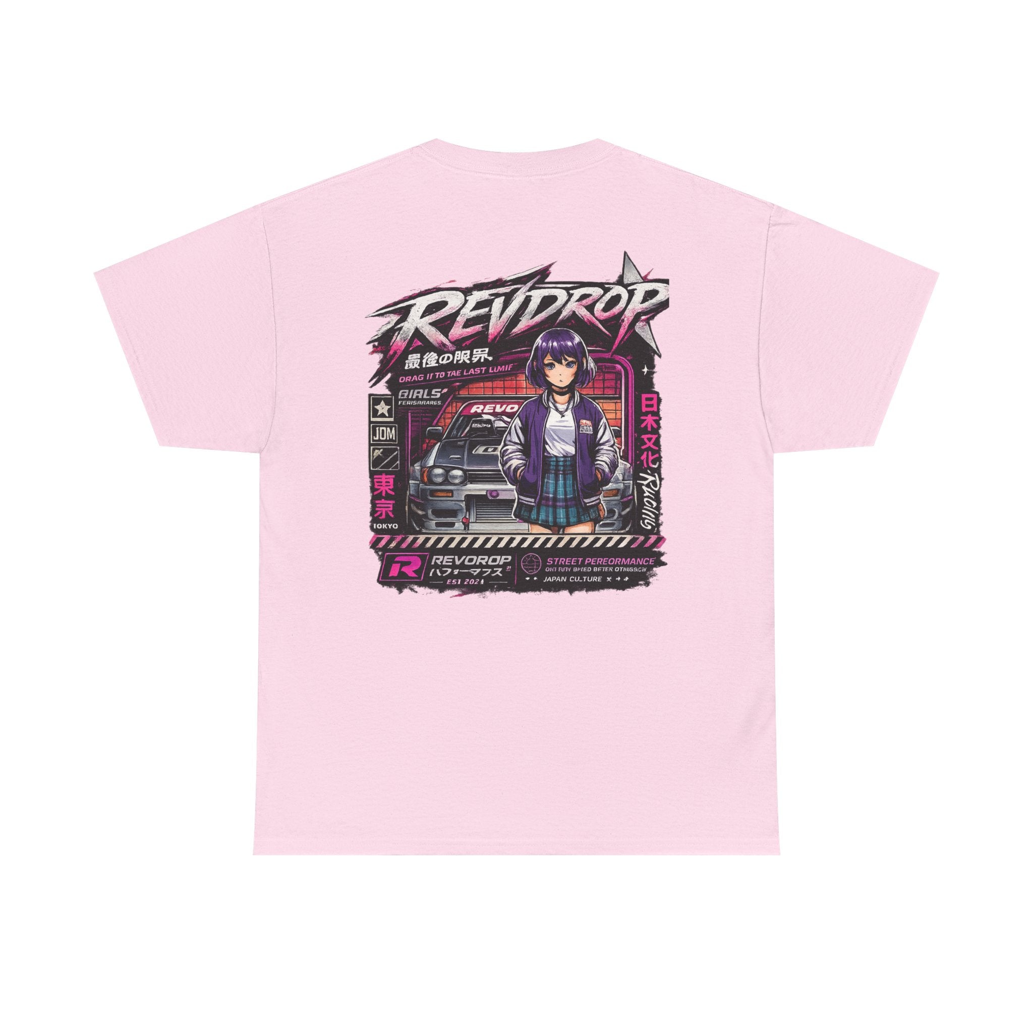 Retro Anime Racing Tee — "REVDROP" Cyberpunk Girl Graphic Shirt