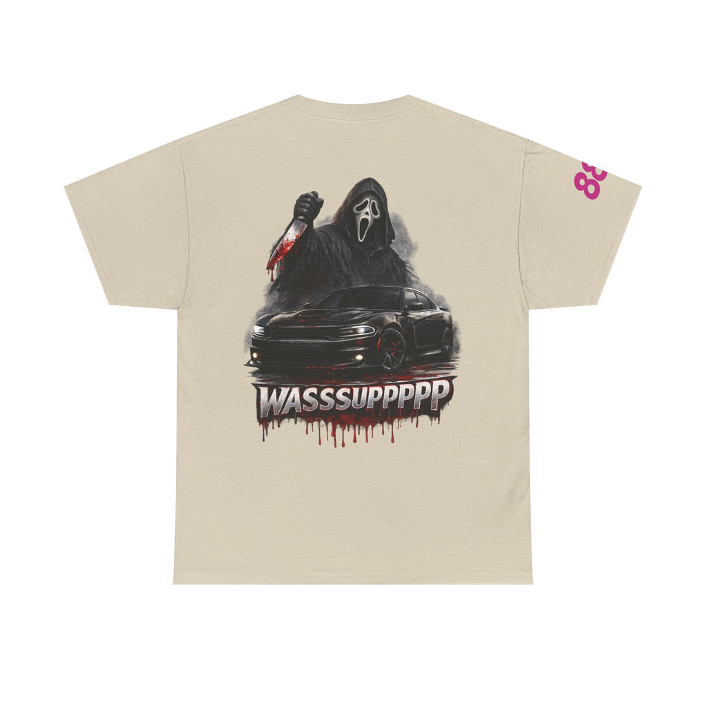 Graphic Tee — 'Wasssuppppp' Scream Mask Horror Car Design