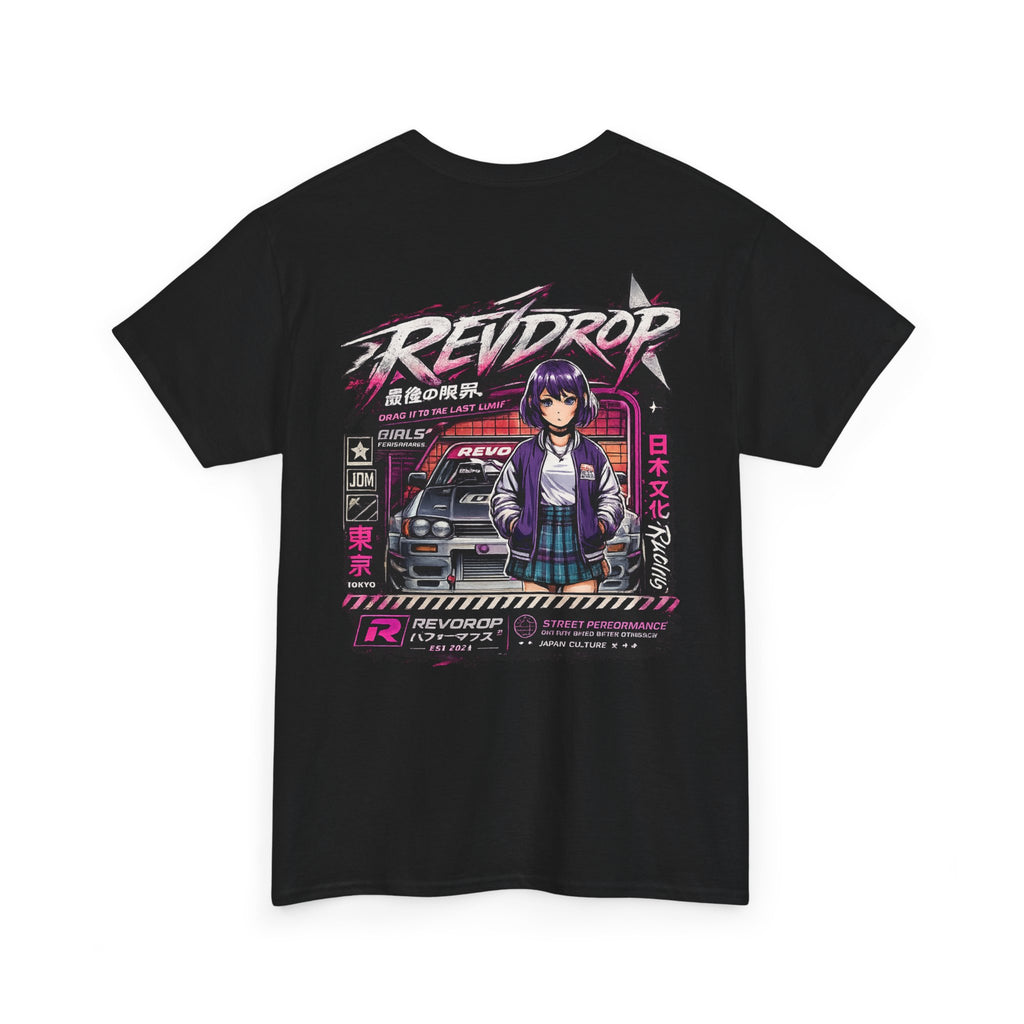 Retro Anime Racing Tee — "REVDROP" Cyberpunk Girl Graphic Shirt