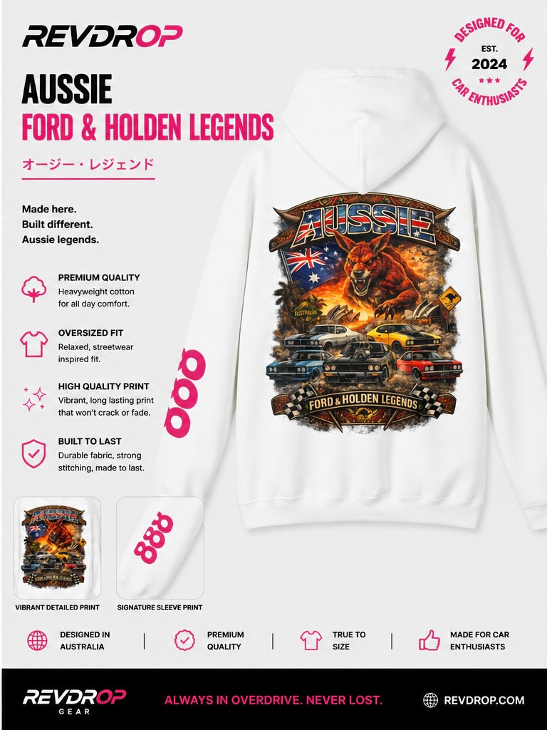 REVDROP Aussie V8 Muscle Car Graphic Hoodie | Ford & Holden Legends Streetwear Pullover