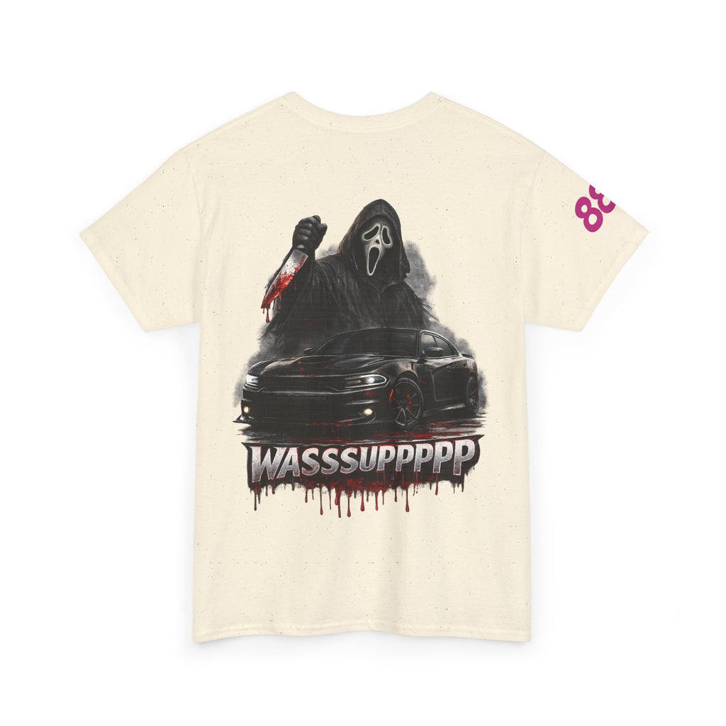Graphic Tee — 'Wasssuppppp' Scream Mask Horror Car Design